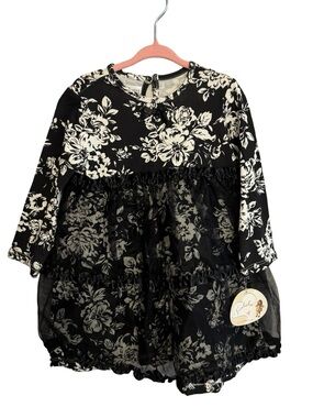 NWT Tralala Black & White Damask Tulle Tutu Dress Toddler Size 18M Long Sleeve
